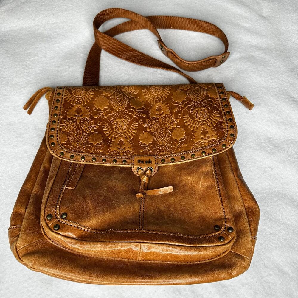 The Sak Ventura Convertible Crossbody Backpack Leather Tooled Bag Brown Cognac